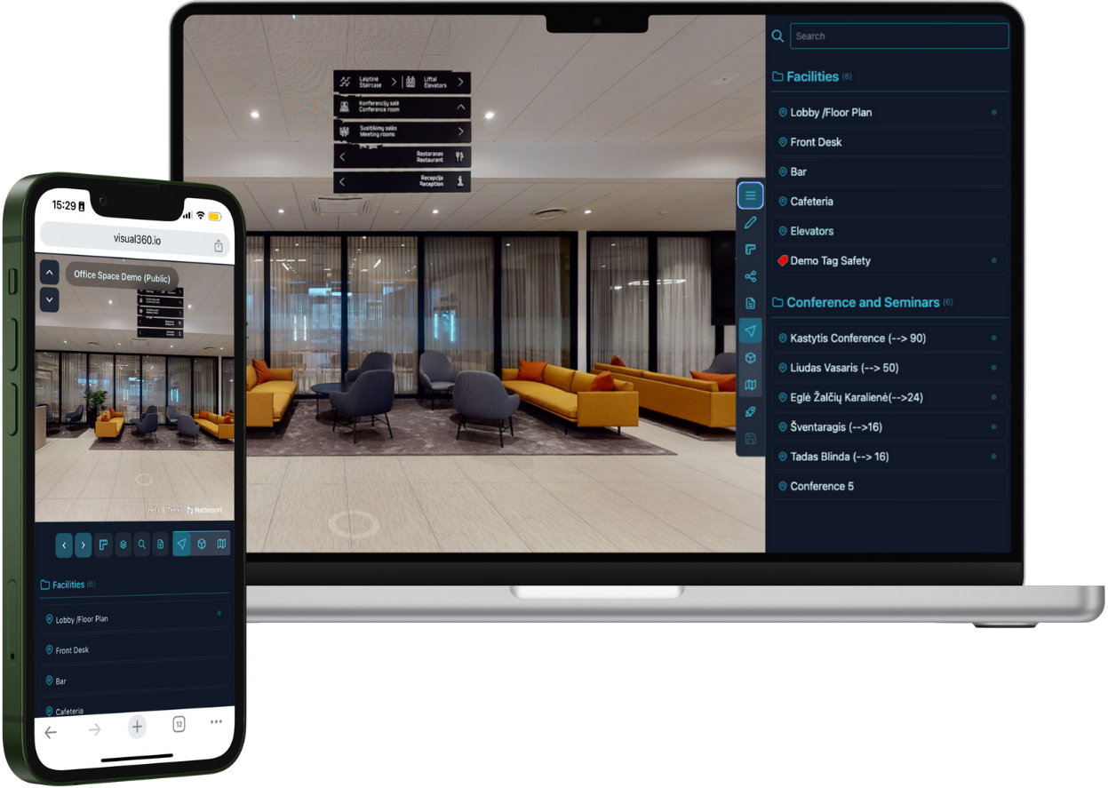 V360 interface shown on a laptop and mobile devices
